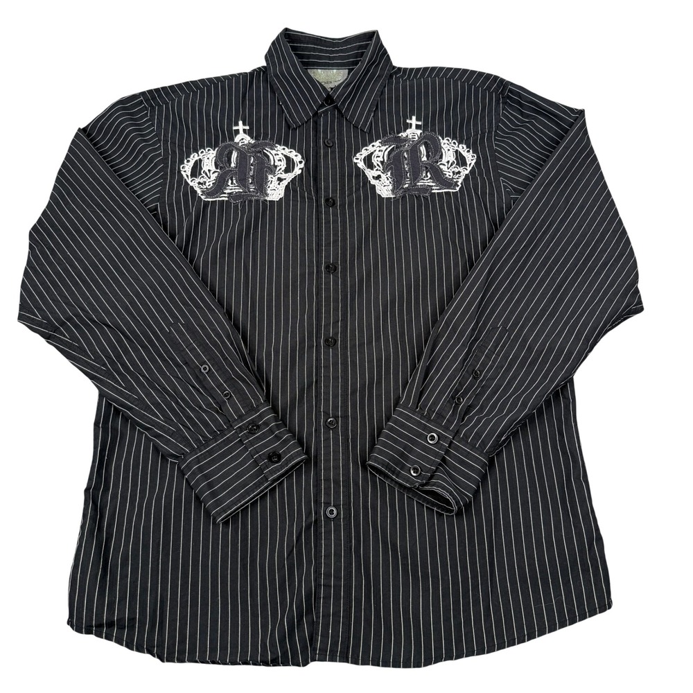 Roar Button Up Shirt Mens Large Black Pinstripe Angel Wings Royal Y2K Goth Biker